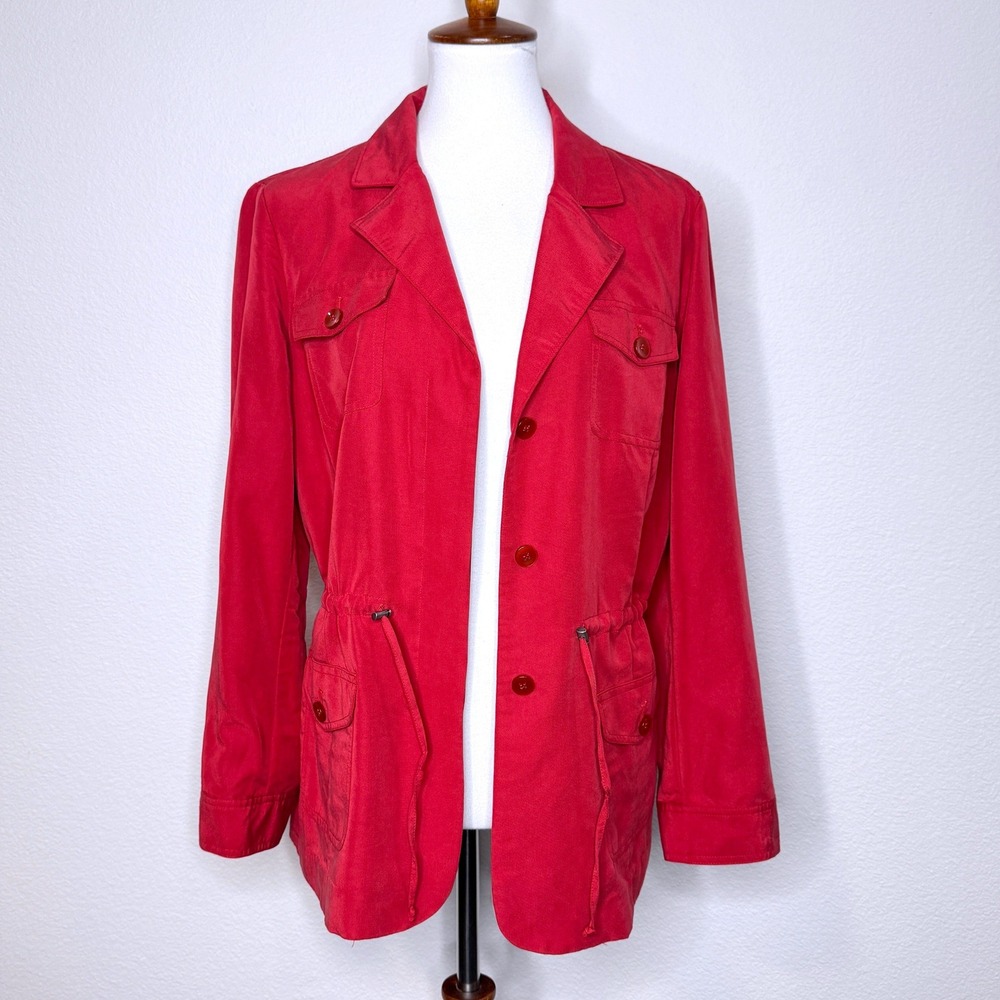 CHICOS Lightweight‎ Button Up Jacket Sz 2 LG Red Pockets Drawstring Waist